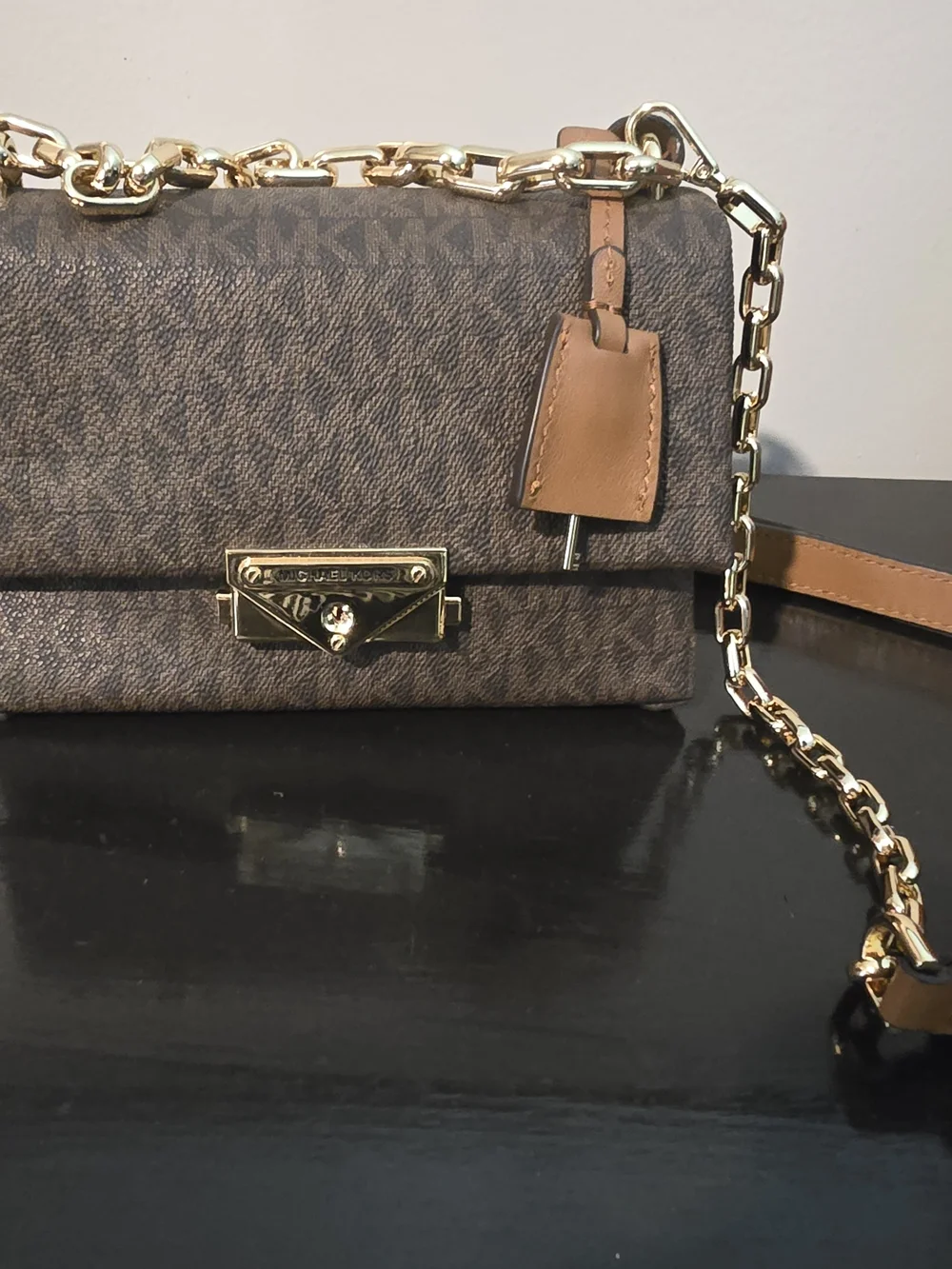 brown Michael Kors Cece Medium Logo Shoulder Bag Gold Chain Strap
